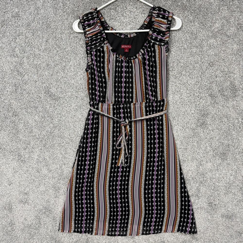 Merona‎ A-line Dress Small Black Geometric Striped Belt Ruffle Witchy Whimsigoth